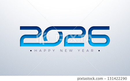 Happy New Year 2026 Logo Typography Design with Blue Cutting Number on White Background. Christmas Holiday Greeting Card Illustration with Text Label for Calendar, Flyer, Banner, Celebration Poster 131422290