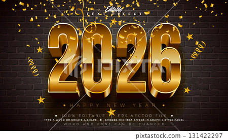 2026 Happy New Year Editable Text Effect Design Vector Graphic Style with Gold 3D Bold Typography Lettering and Falling Confetti on Dark Background. Christmas Holiday Illustration Template for 131422297