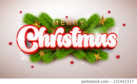 Merry Christmas and Happy New Year Greeting Card Banner with Fir Branch and 3d Typography Lettering on White Background. Vector Xmas Holiday Season Design with Decoration Elements for Party Flyer Merry Christmas and Happy New Year Greeting Card Banner with Fir Branch and 3d Typography Lettering on White Background. Vector Xmas Holiday Season Design with Decoration Elements for Party Flyer 131422317