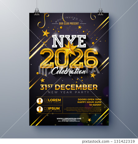 Happy New Year 2026 Party Flyer Template Design with Golden Typography Lettering and Christmas Star on Black Background. Vector New Year Eve Holiday Concept Celebration Illustration for Invitation Happy New Year 2026 Party Flyer Template Design with Golden Typography Lettering and Christmas Star on Black Background. Vector New Year Eve Holiday Concept Celebration Illustration for Invitation 131422319