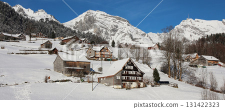 Traditional timber houses in the Toggenburg Valley, Switzerland. 131422323