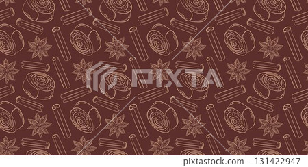 Seamless pattern with cinnamon bun, star anise and sticks drawn in line art style on a dark brown background. Perfect for bakery, cafe or kitchen wallpaper design. 131422947