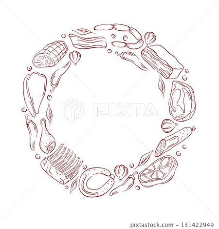 Circular frame of assorted meat cuts, sausages, chicken, bacon, herbs, garlic and chili peppers on white background for food butcher design and culinary book in line art style. 131422949
