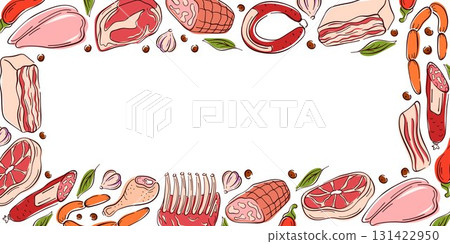 Border frame in flat style with different meats on a white background. Steak, sausage, ribs and vegetable. Ideal for culinary design, package or restaurant menu. Border frame in flat style with different meats on a white background. Steak, sausage, ribs and vegetable. Ideal for culinary design, package or restaurant menu. 131422950