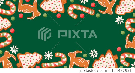Festive border frame with gingerbread cookie, candy cane, reindeer, Christmas tree and snowflake for holiday celebration in cartoon style. 131422951