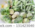 Frozen vegetables close up. Vegetables in the fridge. Ice on vegetables. 131423040