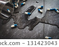 Tablets. Dropping pills and a glass of water from the hands. 131423043
