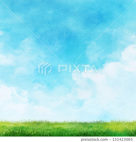 Watercolor background of blue sky and grassland - refreshing and natural landscape design material 131423065
