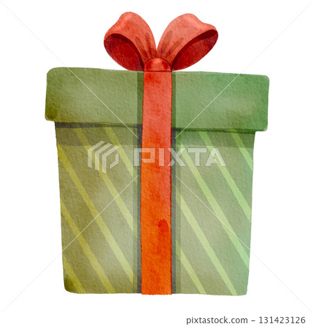 Green present tied with a red ribbon. The gift box is hand-drawn in a watercolor style. The illustration is perfect for holiday decorations and greeting cards. 131423126