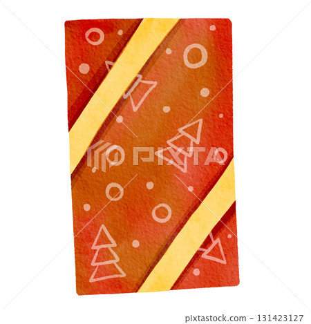 Red present tied with a yellow ribbon. The gift box is hand-drawn in a watercolor style. The illustration is perfect for holiday decorations and greeting cards. Red present tied with a yellow ribbon. The gift box is hand-drawn in a watercolor style. The illustration is perfect for holiday decorations and greeting cards. 131423127