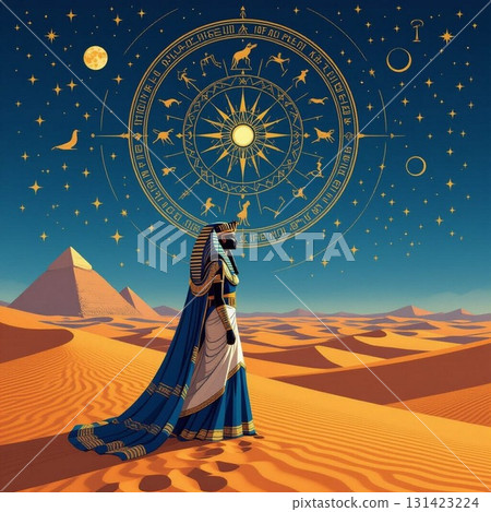 Ancient Egyptian Queen in Desert Under Starry Zodiac Circle With Pyramids 131423224