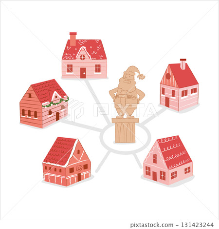Cute Christmas illustration of the elf village with a statue of Santa Claus. North pole concept Cute Christmas illustration of the elf village with a statue of Santa Claus. North pole concept 131423244