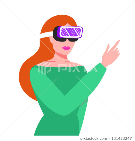 Woman Using VR Headset in Futuristic Digital Space 131423247