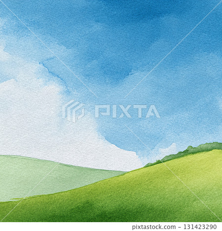Watercolor landscape background with blue sky and grassland. Refreshing and comfortable natural design material. Watercolor landscape background with blue sky and grassland. Refreshing and comfortable natural design material. 131423290
