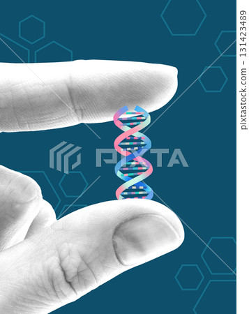 Creative digital artwork. Hands knitting colorful DNA strand with sticks in genetic science illustration 131423489