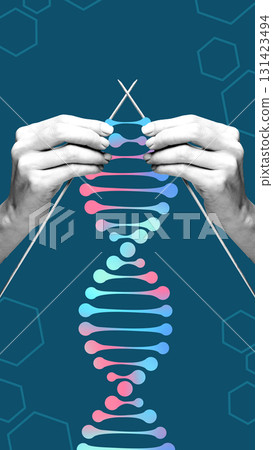 Contemporary graphic composition. Knitting needles shaping colorful DNA helix illustration 131423494
