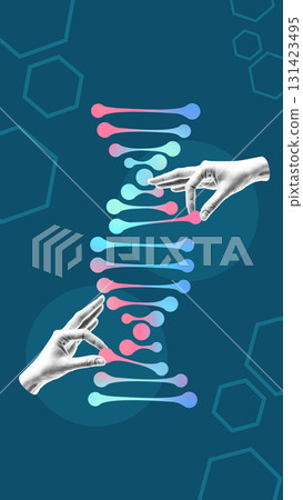 Creative digital artwork. Human hands interacting with stylized DNA helix structure 131423495