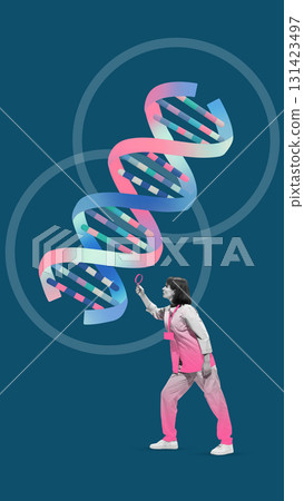 Surreal collage art. Female scientist inspecting DNA double helix with magnifier symbolizing research 131423497
