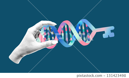 Collage of hand holding DNA double helix shaped as key symbolizing genetic solution 131423498