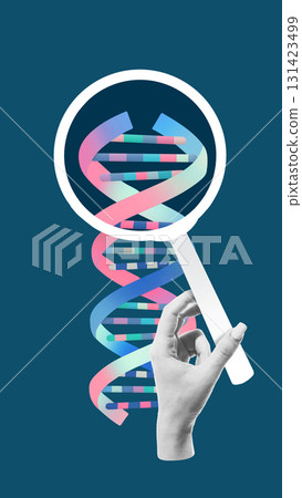Composition of DNA double helix under magnifying glass held by hand symbolizing genetic analysis Composition of DNA double helix under magnifying glass held by hand symbolizing genetic analysis 131423499