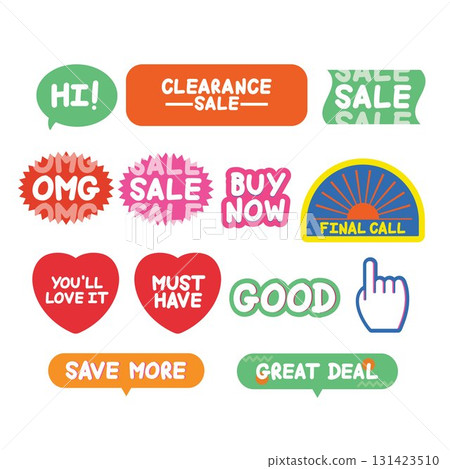 Vector illustrations of sale icon including clearance sale, buy now, you'll love it, click here, heart, good, favourite, final call for online shopping, web button, discount, campaign badge, stickers 131423510