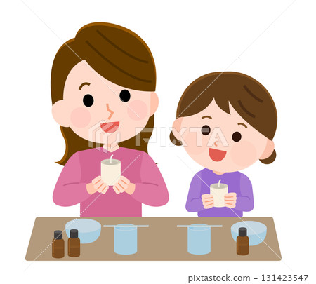 Illustration of a parent and child making handmade aroma candles 131423547