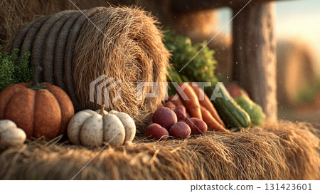 Cornucopia of autumn harvest with pumpkins carrots and hay evokes rustic charm 131423601