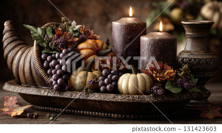 Cornucopia centerpiece with pumpkins grapes and candles creates warm autumn ambiance 131423603