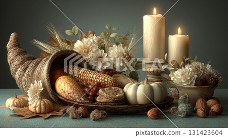Cornucopia overflows with autumn harvest including pumpkins and candles creating warm and inviting atmosphere Cornucopia overflows with autumn harvest including pumpkins and candles creating warm and inviting atmosphere 131423604