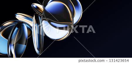 Abstract black 3d background with neon glass circle discs, radiant blue gold gradient and circular motion effect. Holographic transparent round disks or lens. Futuristic tech banner. 3D illustration Abstract black 3d background with neon glass circle discs, radiant blue gold gradient and circular motion effect. Holographic transparent round disks or lens. Futuristic tech banner. 3D illustration 131423654