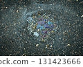 Oil spill forming a colorful, iridescent pattern on a wet asphalt surface, symbolizing pollution 131423666