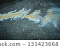Gasoline spill creating a colorful abstract pattern on wet dark pavement surface 131423668
