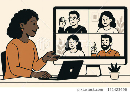 A woman speaking at an online conference with other participants on the screen 131423696