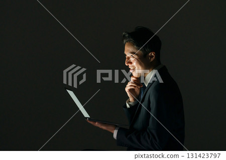 Suspicious man, computer, profile Suspicious man, computer, profile 131423797