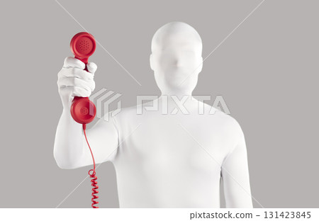 Anonymous man disguised in white bodysuit gives you red vintage telephone receiver Anonymous man disguised in white bodysuit gives you red vintage telephone receiver 131423845