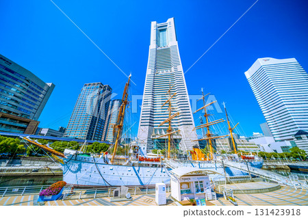Yokohama cityscape in Japan, with views of the Nippon Maru and other attractions 131423918