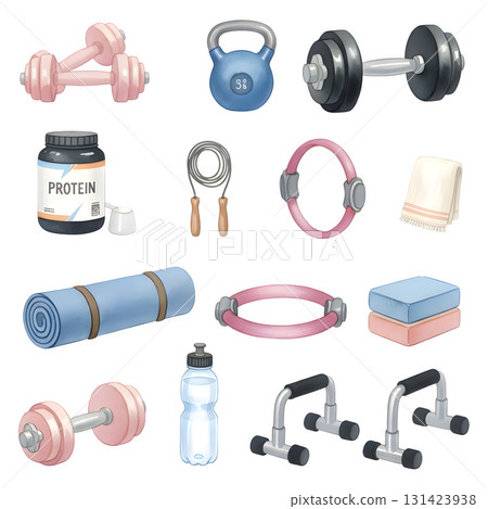 Weight training, yoga, pilates stickers set. Dumbbells, protein supplements, kettlebell, jump rope and other fitness elements. Modern cartoon concept. Watercolour illustration. Weight training, yoga, pilates stickers set. Dumbbells, protein supplements, kettlebell, jump rope and other fitness elements. Modern cartoon concept. Watercolour illustration. 131423938