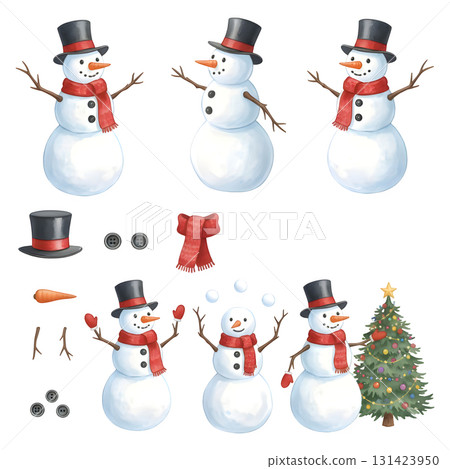 Snowman character constructor for animation. Front, side and back view set. Body parts, postures, poses collection. Watercolour illustration design 131423950