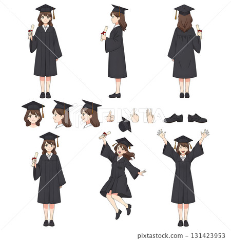 Graduated student woman in academic cap and gown holding diploma. Character constructor for animation. Front, side and back view set. Body parts, postures, poses collection. illustration design. 131423953