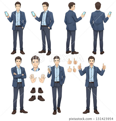 Casual young business man holding smartphone. Character constructor for animation. Front, side and back view set. Body parts, postures, poses collection. illustration design. 131423954