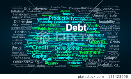Debt Word Cloud. Key Concepts On Borrowing, Credit, Risks, Benefits, Policy, Growth, And Global Financial Stability In Positive And Negative Economic Dynamics. 131423996
