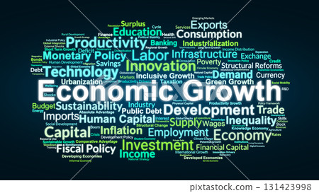 Economic Growth Word Cloud. Core Concepts On Development, Productivity, Capital, Trade, Innovation, Policy, And Global Economic Dynamics In Modern Economies. 131423998