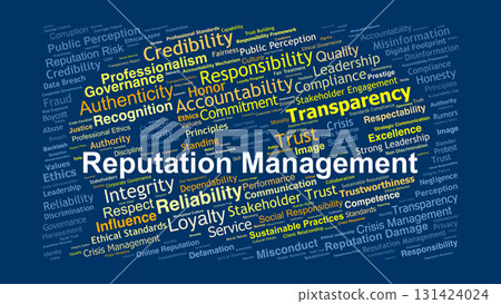 Reputation Management Word Cloud. Key Concepts On Trust, Integrity, Crisis Management, Threats, And Strategies To Protect And Strengthen Organizational Reputation. Reputation Management Word Cloud. Key Concepts On Trust, Integrity, Crisis Management, Threats, And Strategies To Protect And Strengthen Organizational Reputation. 131424024