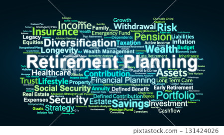 Retirement Planning Word Cloud. Key Concepts On Savings, Pension, Investment, Income, Healthcare, Security, And Lifestyle For Long Term Financial Preparedness. 131424026