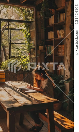 Young girl studying in a cozy, sunlit home library 131424108