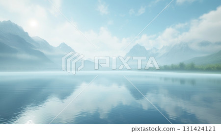Serene mountain lake reflecting misty peaks in soft light 131424121