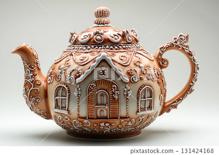 Home still life. Gingerbread house shaped ceramic teapot with lid on a white background. Christmas atmosphere. 131424168
