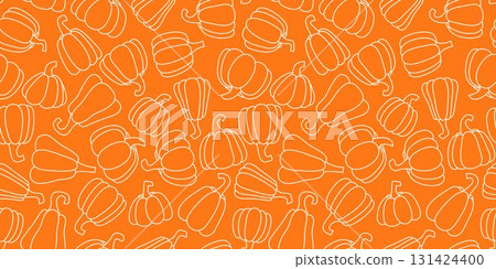 Silhouette of various pumpkins on orange background, seamless pattern 131424400