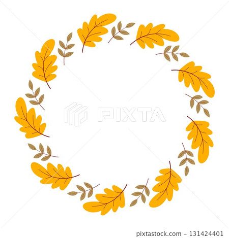Round autumn wreath of yellow oak leaves 131424401