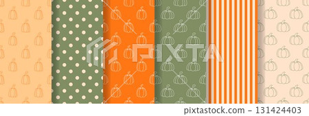 Autumn pattern set with pumpkin silhouettes on colored backgrounds 131424403